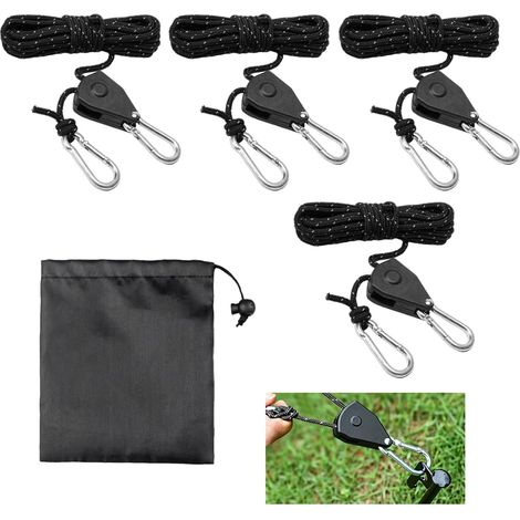 4 Pièces Tendeur de Corde à Cliquet, 4mm x 4m Corde Réglable avec Crochet, Corde de Camping Légère en Nylon, Poulie à Cliquet pour Tentes, Auvents, Lampe, Plantes et Randonnée (Noir) (1/5)