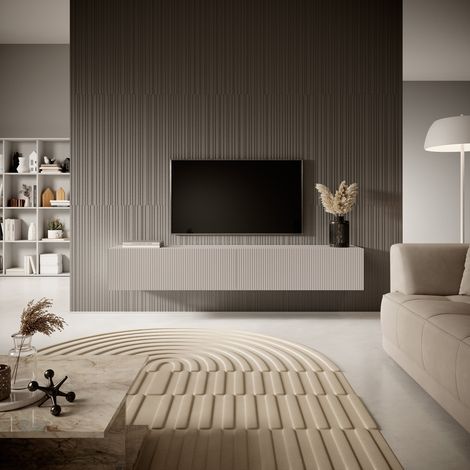Selsey – Meuble TV 175 cm gris-beige – Façade biseautée – Corps en panneau stratifié résistant – 2 armoires spacieuses pour rangement — vue 2