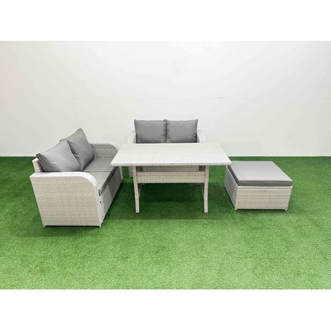 Fimous 5 Seater Outdoor Love Sofa Set Rattan Garden Furniture Set with Rectangular Dining Table Big Footstool Light Grey (1/4)