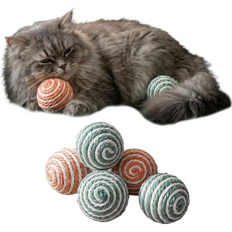Set di 5 palline per gatti in sisal, colori assortiti, ideali per graffiare, colpire, masticare o inseguire i gatti. Giocattolo interattivo per interni, 4,3 cm. (1/5)