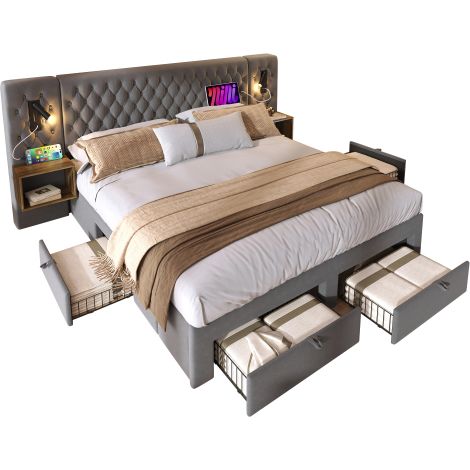Bettanlage Schlafzimmer Komplett Set,Polsterbett Hydraulisch Stauraumbett Doppelbett mit 2 Nachttischen, Kopfteil Leselicht mit USB Ladefunktion