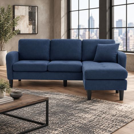 Ecksofa mit Chaiselongue, 3-Sitzer, modular, 166 x 118 x 77 cm, Cord, Blau, REDOM (1/5)