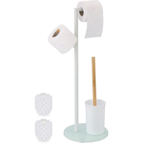 Serviteur WC, HxLxP: 64x27x22 cm, dérouleur Non Fixe, Brosse avec Support, Acier Inoxydable, Blanc (1/5)