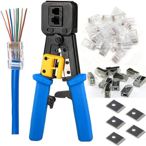 Kit di pinze crimpatrici Ethernet dritte con 5 lame di ricambio a 8 pin e 20 connettori Cat6 RJ45 RJ12 (1/5)