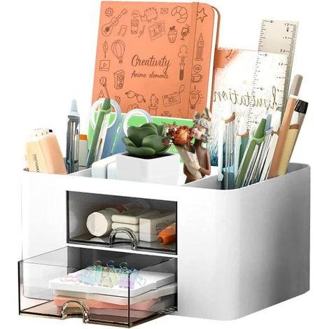 5-Compartment Desk Organizer with Pen Holder, Desk Organizer with Drawer, Multifunctional Desk Organizer, White (1/4)
