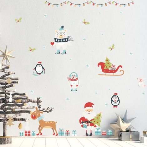 Sticker Noël le père noël et les animaux sous la neige de noël 120 x 180 cm (1/5)