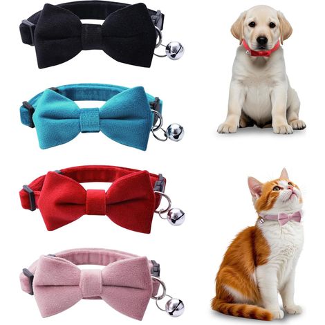 4 Colliers de chat en velours avec clochette, Colliers de chat réglables et détachables, Collier avec nœud papillon pour chat, Nœud papillon pour chat, Noir, Bleu, Rose, Rouge (1/5)
