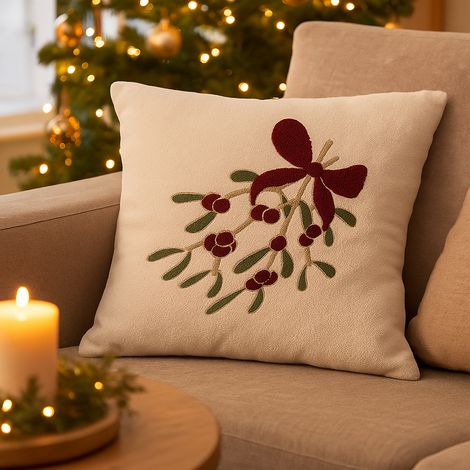 Cuscino quadrato color panna con immagine di vischio lato da 45 cm (1/4)