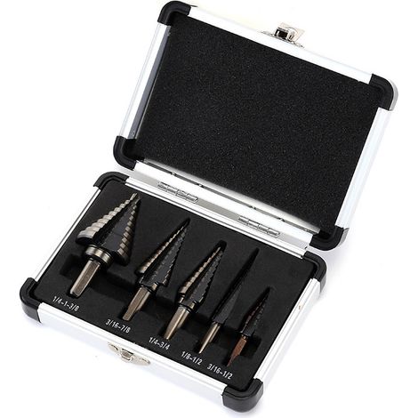Set di 3 punte da trapano a gradini, comprendente punte da trapano coniche triangolari a gradini, punte da trapano coniche e un allargafori rivestito, adatte per metalli, acciaio e legno - 4 mm - 12/2 (1/5)