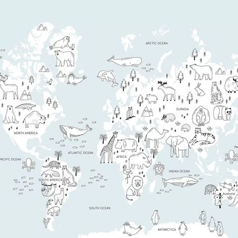 papier peint panoramique carte du monde pour enfants beige clair et blanc - Sanders & Sanders (1/5)