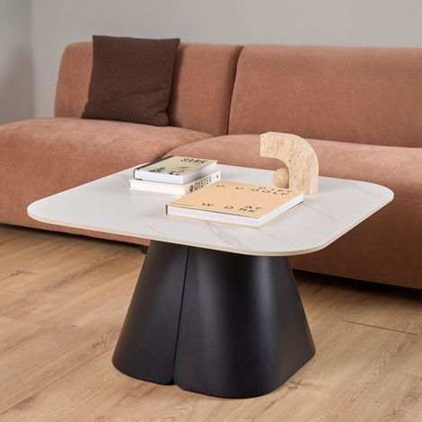 Table basse 80x80x45cm en céramique blanche et pied en acier noir (1/5)