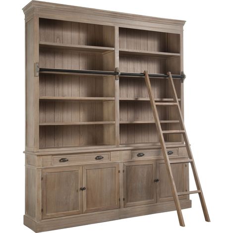 Bibliothèque avec échelle 4 portes 2 tiroirs en paulownia naturel (1/5)