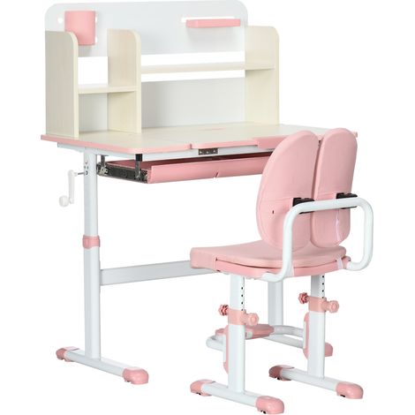 Bureau rose et blanc 80x52x88-109 cm réglable avec tiroir, étagère et plateau inclinable, design enfant tendance pour chambre et étude pratique évolutif