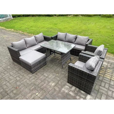 Fimous 8-Sitzer Gartenmöbel Lounge Sofa Set mit Patio Esstisch 2 Sesseln 2 Großer Hockernn Dunkelgrau Gemischt