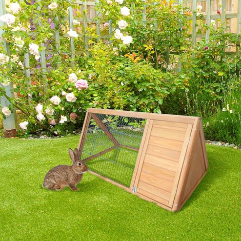 Cage triangulaire au sol, enclos extérieur, cage pour chien avec double porte, convient aux lapins, poules et tortues. Dimensions : 116 cm (L) x 62,2 cm (l) x 52,5 cm (H). Pin massif. (1/5)