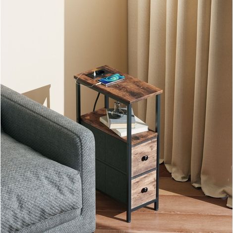 Beistelltisch Holz Rustikalbraun 20 x 40 x 63 cm mit Steckdosenleiste, 2 Stoffschubladen (1/5)