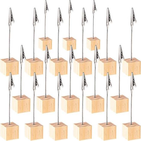 Portafotos con base de madera – Juego de 20 clips – Ideales para números de mesa, etiquetas de precio, notas – Para bodas, oficinas o tiendas (1/5)