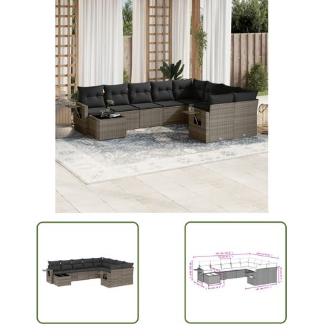 The Living Store Salon de jardin avec coussins 10 pcs gris résine tressée - Salon De Jardin - Meuble Extérieur - Set Salon - Résine Tressée - Rotin Synthétique (1/3)