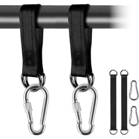 L'ensemble de sangles pour hamac comprend 2 sangles, 2 mousquetons et des anneaux en D, adaptés aux hamacs suspendus.