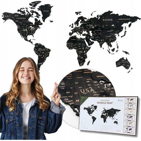 Mapa del mundo 3D de madera negro de 105 x 60 cm con decoraci贸n de pared de ciudades (1/5)