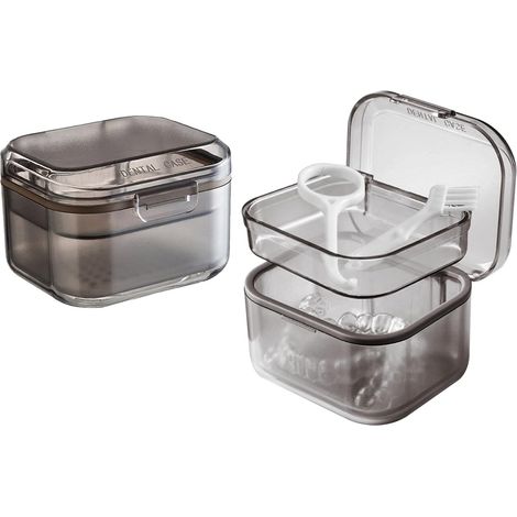 Boîte de support 2 pièces avec crépine, couvercle portable pour prothèses dentaires, supports invisibles, boîte de rangement, drain creux, pour support orthodontique, boîte de nettoyage, noir (1/4)