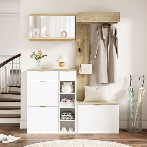 Ensemble vestiaire d’entrée 4 pièces: avec meuble à chaussures, banc, miroir mural et panneau de vestiaire – ensemble mural complet avec rangement, mobilier de couloir élégant pour l’entrée, dimension (1/5)