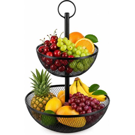 Support À Fruits 2 Étages 44 Cm, Corbeille en Métal avec Poignée Bois, Plateau À Fruits Noir Double Étage, Range-Fruits Décoratif Cuisine (1/5)