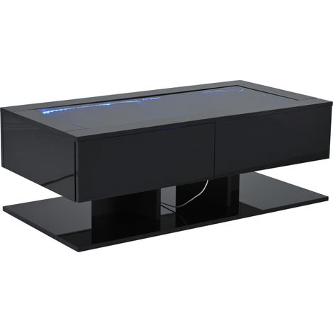Table basse noire laquée 100x50x35 cm avec 2 tiroirs, plateau en verre trempé et éclairage LED (1/5)