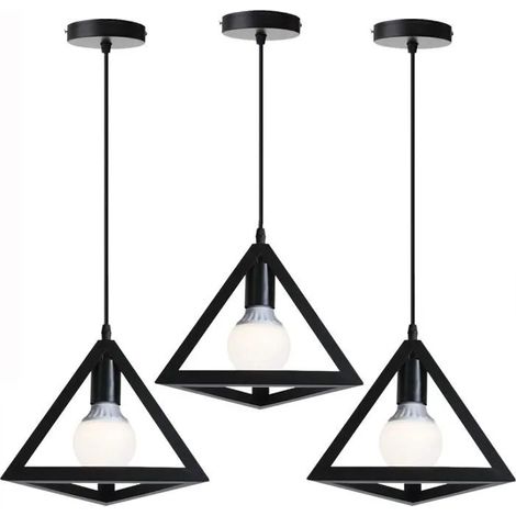 U-Do 3Pcs Lustre éclairage Vintage Suspension Liminaire forme Triangle en Métal Noir Lampe pour Salon Couloir Escalier (1/4)