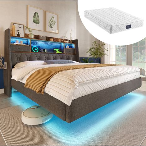 MEUBLIV Cama 140x200 cm gris - LED, cabecero con almacenamiento, con colchón (1/5)