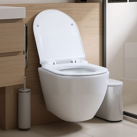 FIANAO - WC suspendu - abattant à fermeture ralentie - céramique blanche - dimensions : 52,5 x 38,4 x 38 cm - technologie de chasse d'eau monotrou Super Vortex - charge maximale : 300 kg (1/4)