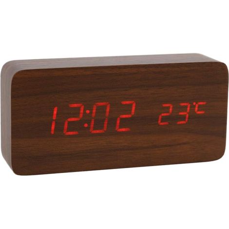 Reloj despertador digital de madera con pantalla de temperatura, pantalla LED de fecha de 12/24 horas, para el hogar, el dormitorio y la habitación de los niños (AC11, marrón y rojo) (1/5)