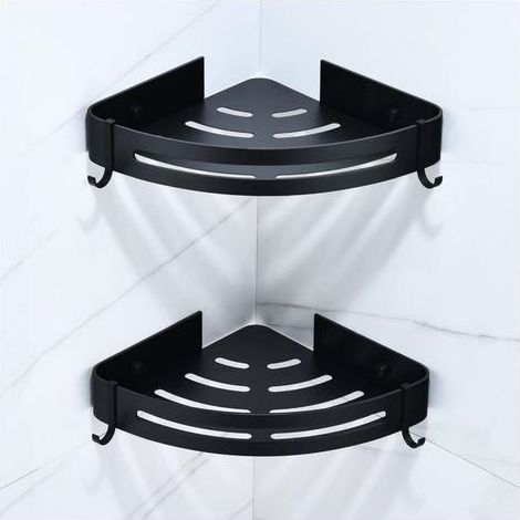 Etagere Salle de Bain Sans Percage, Étagère Murale Noire Douche Panier Rangement Angle Avec 4 Crochets Tablette D’angle Metal pour Rangement Douche, Étagère Cuisine (2 Niveaux)