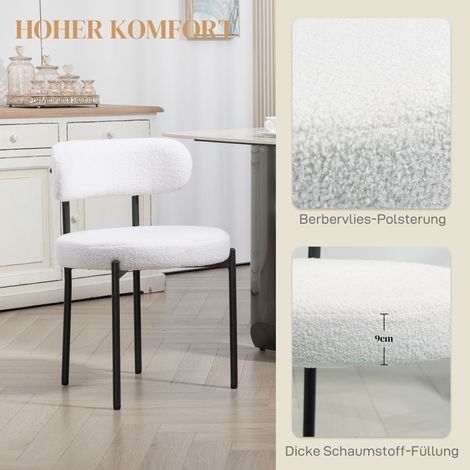 Lot de 2 chaises de salle à manger, rembourrage en polaire, siège capitonné, pieds métalliques, blanc crème (1/4)