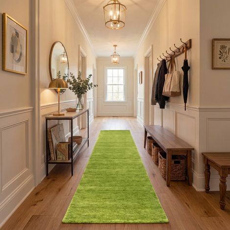 Tapis Gabbeh indien Tapis Uni - Tapis en laine - 300x80cm, Rectangular - 100% Laine vierge - Tissé main - Vert lime