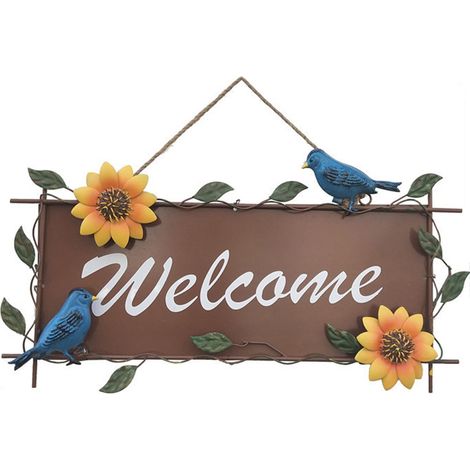 Letrero de bienvenida “Girasol” de hierro – letrero de jardín con motivos de sol pintados a mano, cuerda de cáñamo, decoración para exteriores, conjunto único, 1 pieza (1/5)