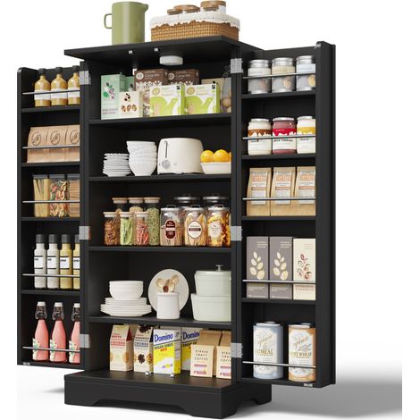 Küchenhochschrank mit 2 Türen, Verstellbarem Einlegeboden und LED, aus MDF, für Küche und Esszimmer, Schwarz, 60×40×120 cm (1/5)