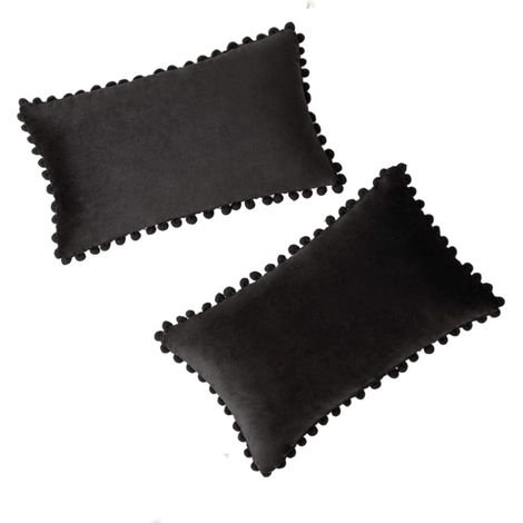 Lot de 2 housses de coussin, velours, pompons, 45x45 cm, vert foncé, salon, chambre, voiture (1/5)