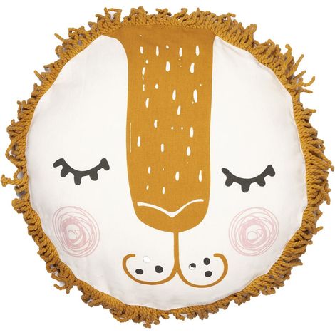 THEO - Coussin Déhoussable Ø40cm Coton Motif Lion avec Franges de Macramé (1/3)