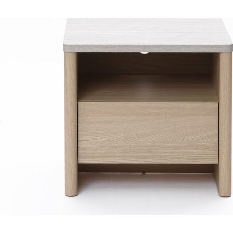 Moderner Nachttisch mit Schublade und offenem Fach – Holzoptik mit Steinoptik-Oberfläche (1/5)