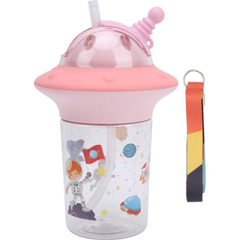 450-ml-Wasserflasche mit Strohhalm und Trageschlaufe, BPA-frei für Babys und Kinder, Rosa (1/5)