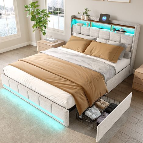Cama 140x190 cm con 4 cajones - iluminación LED ajustable - 2 puertos USB y 1 puerto Type-C - tela de lino - ideal para adultos y niños - Beige