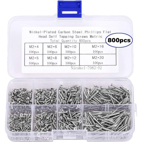 Kit d'assortiment de 800 petites vis autotaraudeuses M2, vis à bois à tête fraisée Phillips plate (M2-4 mm 5 mm 6 mm 8 mm 10 mm 12 mm 16 mm 20 mm) (1/5)