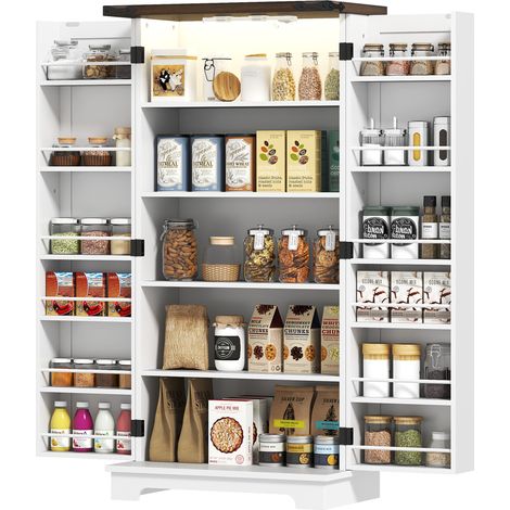 Buffet cuisine, meuble cuisine rangement, avec 12 étagères à portes, lumière LED magnétique, 60 x 40 x 120 cm, blanc (1/5)