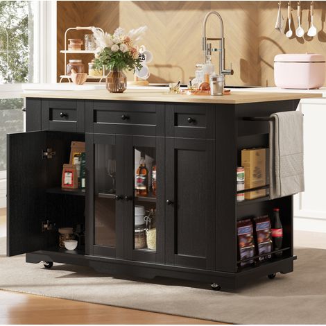 Isola da cucina 151.5x60x91.7 cm nero e naturale in MDF, vetro temperato e metallo con piano ribaltabile (1/5)