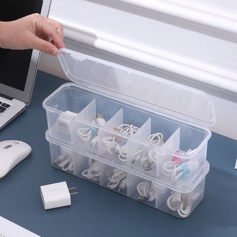 organizadores de cables transparentes con tapa，Caja organizadora apilable para cables de cargadores electrónicos con 5 separadores (1/5)