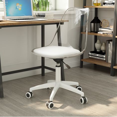 Silla giratoria transparente con asiento de PU blanco, base de metal y plástico (1/5)