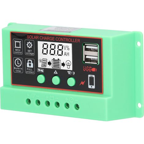 Contrôleur solaire avec interface USB, écran LCD, protection contre les surcharges, chargeur solaire 12V/24V, boîtier vert, façade noire. (1/5)