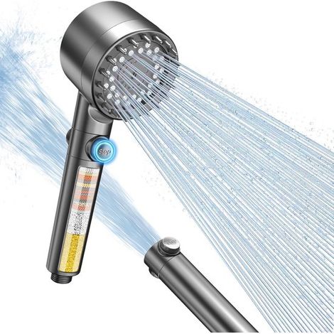 Duschkopf mit 15-lagigem Filter gegen Kalkablagerungen, 3+1 Strahlarten und hohem Wasserdruck. Mit Wasserstoppfunktion und Wassersparmodus (grau). (1/5)