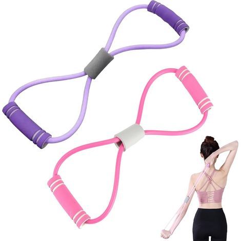 Bande de résistance avec poignées, bande de résistance en forme de 8, extenseur de poitrine, corde à tirer pour yoga, gym, fitness, 8 mots élastiques pour bras et épaules (violet, rose) (1/5)